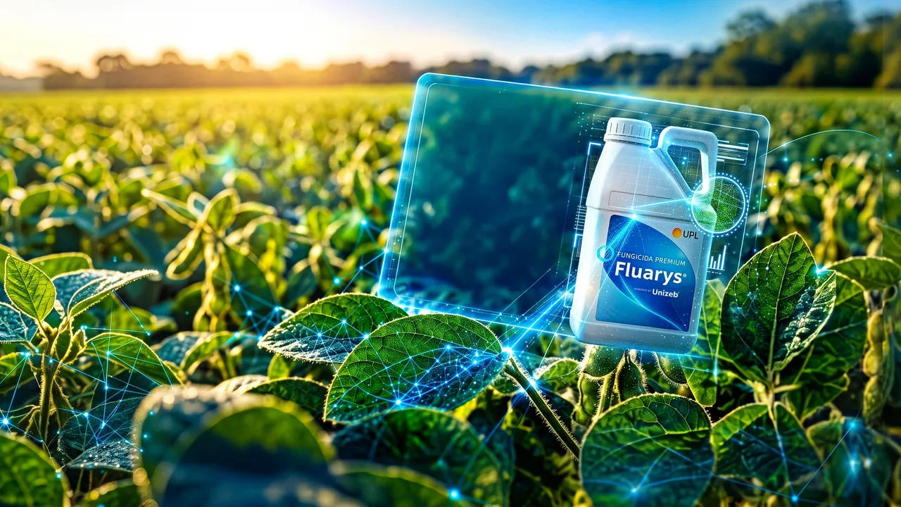 Galão de Fluarys® numa lavoura de soja, à frente de um painel de vidro com cinco itens marcados: Confiança, Inovação, Simplicidade, Proteção e Unizeb®