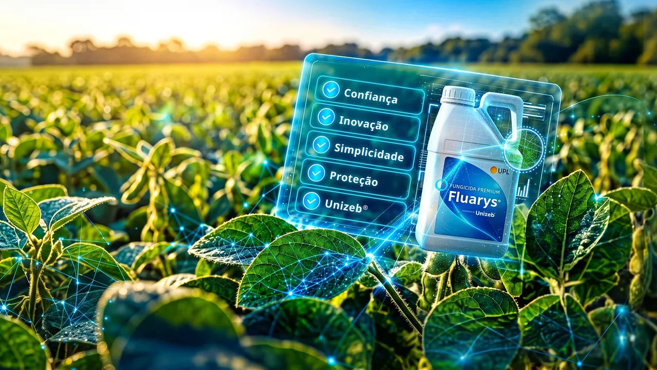Galão de Fluarys® na lavoura, ao lado do painel com os cinco pilares marcados